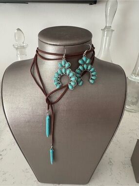 Turquoise Teardrop Cluster Earrings and Lariat Necklace Set - Brown Cord